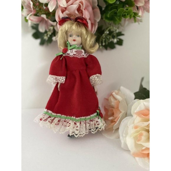 Vintage Porcelain‎ 8″ Doll with Long Red Dress Lace - Picture 1 of 12